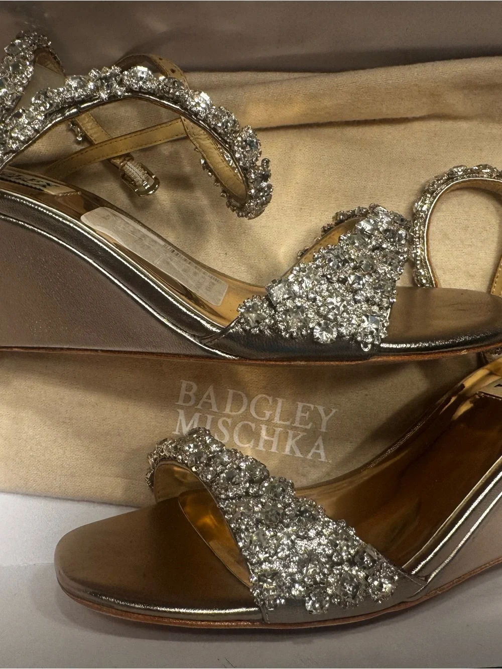 Badgley Mischka Cream Wedge Sandals with Gold Accent